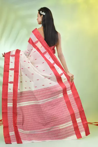 Off white handwoven cotton saree with ethnic patterns