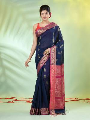 Navy blue cotton saree with nakshi zari borders 1