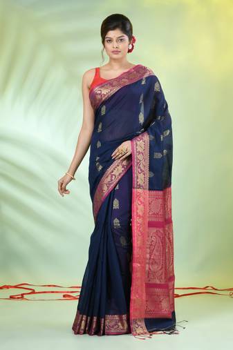 Navy blue cotton saree with nakshi zari borders
