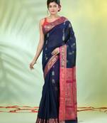 Navy blue cotton saree with nakshi zari borders