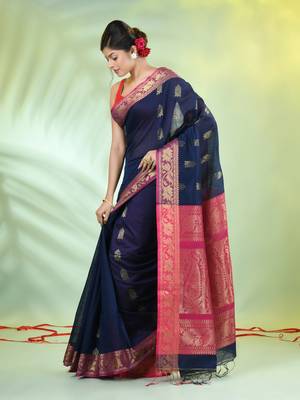 Navy blue cotton saree with nakshi zari borders 2