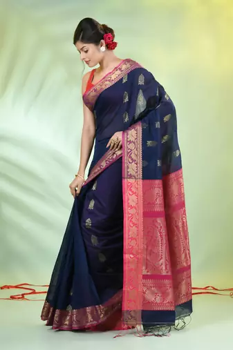 Navy blue cotton saree with nakshi zari borders