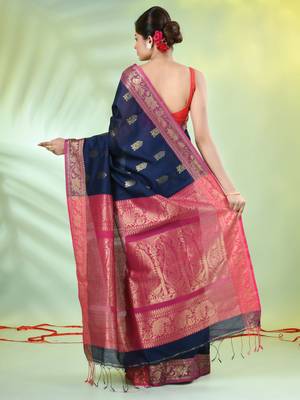 Navy blue cotton saree with nakshi zari borders 3