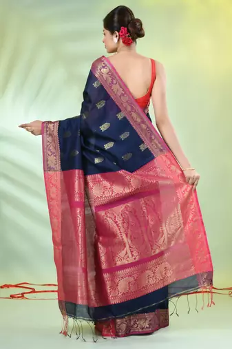 Navy blue cotton saree with nakshi zari borders