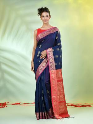 Navy blue cotton saree with nakshi zari borders 1