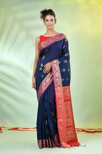 Navy blue cotton saree with nakshi zari borders