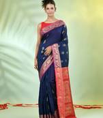 Navy blue cotton saree with nakshi zari borders