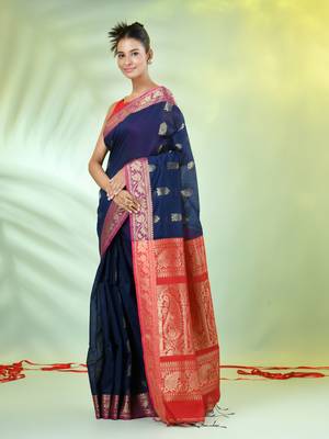 Navy blue cotton saree with nakshi zari borders 2