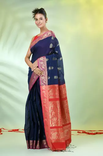 Navy blue cotton saree with nakshi zari borders