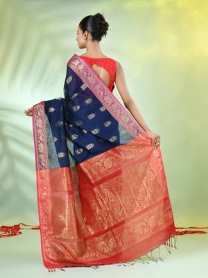 Navy blue cotton saree with nakshi zari borders 3