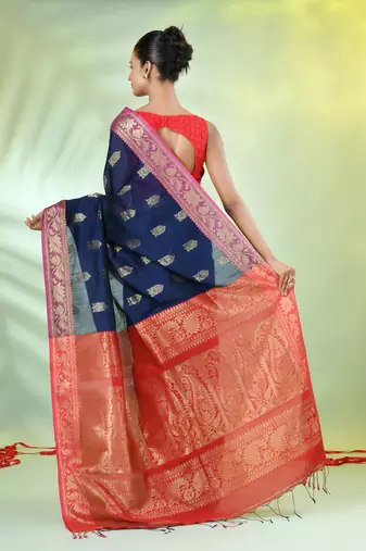 Navy blue cotton saree with nakshi zari borders