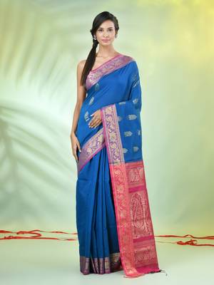 Sapphire blue cotton saree with nakshi zari borders 1