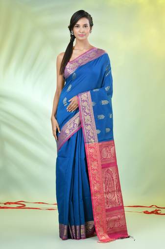 Sapphire blue cotton saree with nakshi zari borders