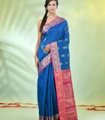 Sapphire blue cotton saree with nakshi zari borders