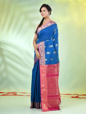 Sapphire blue cotton saree with nakshi zari borders 2