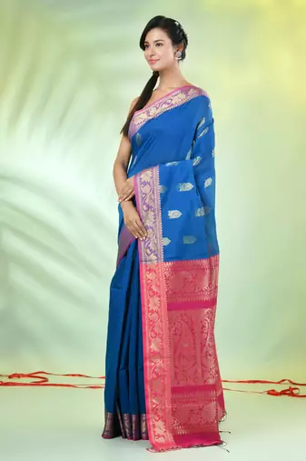 Sapphire blue cotton saree with nakshi zari borders