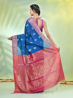 Sapphire blue cotton saree with nakshi zari borders 3