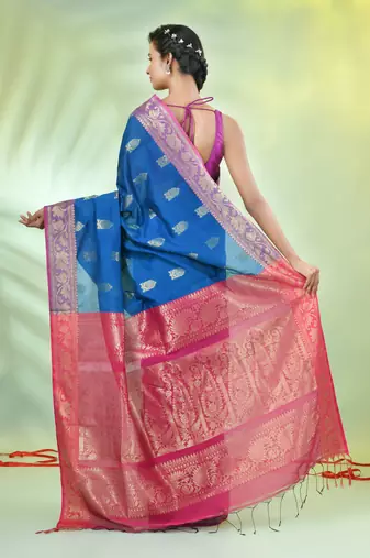 Sapphire blue cotton saree with nakshi zari borders