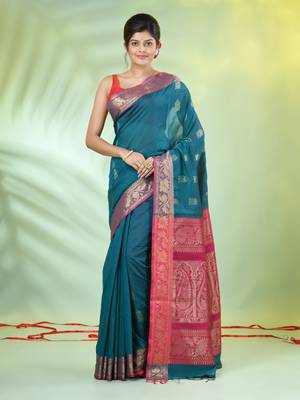Teal cotton saree with nakshi zari borders 1
