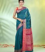 Teal cotton saree with nakshi zari borders