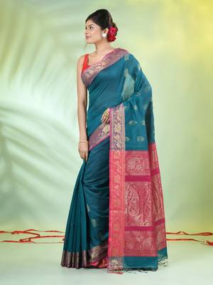 Teal cotton saree with nakshi zari borders 2