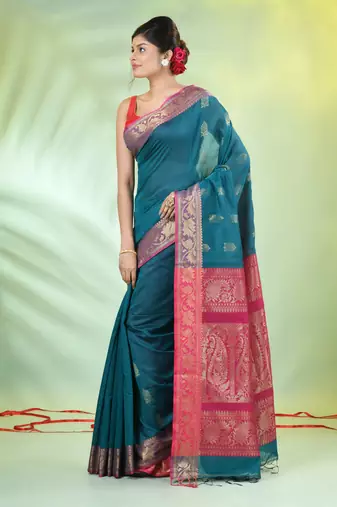 Teal cotton saree with nakshi zari borders