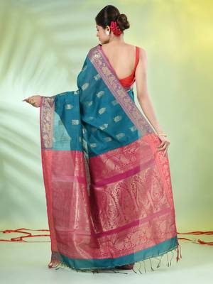 Teal cotton saree with nakshi zari borders 3