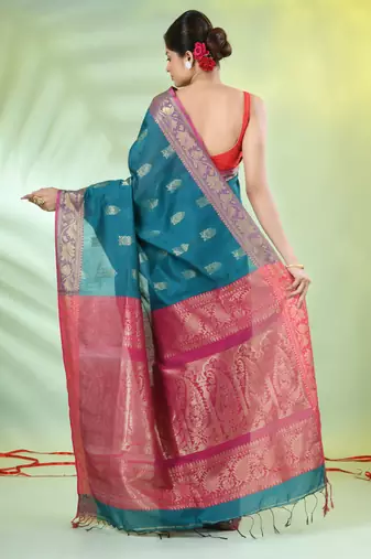 Teal cotton saree with nakshi zari borders