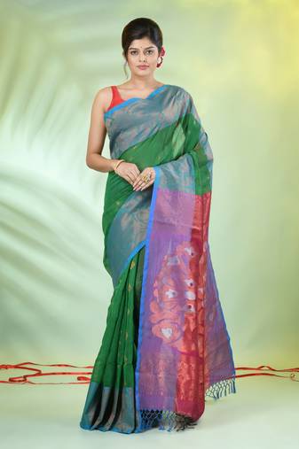Green cotton saree with nakshi zari borders