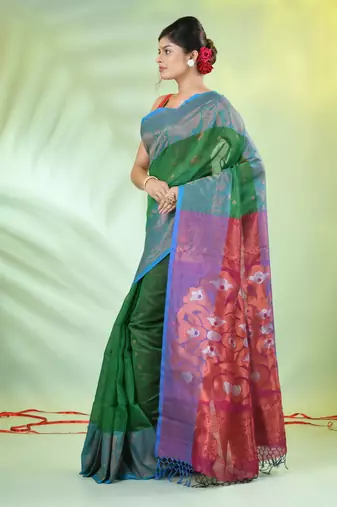 Green cotton saree with nakshi zari borders