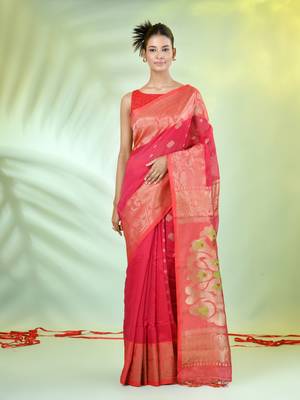 Hot pink cotton saree with nakshi zari borders 1