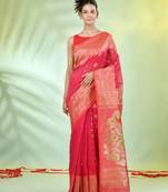 Hot pink cotton saree with nakshi zari borders