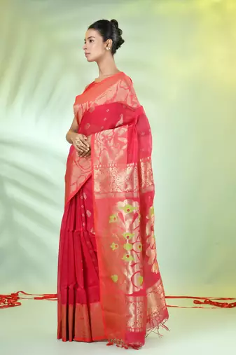 Hot pink cotton saree with nakshi zari borders