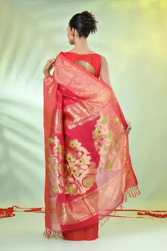 Hot pink cotton saree with nakshi zari borders