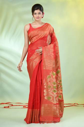 Red cotton saree with nakshi zari borders