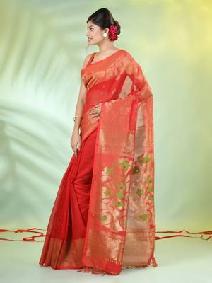 Red cotton saree with nakshi zari borders 2