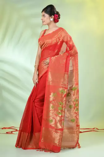 Red cotton saree with nakshi zari borders