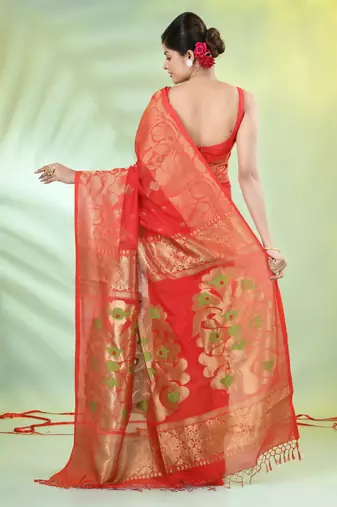 Red cotton saree with nakshi zari borders