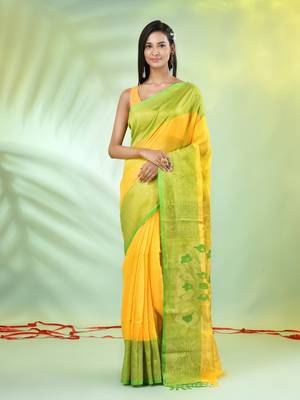 Yellow cotton saree with nakshi zari borders 1