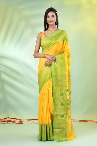 Yellow cotton saree with nakshi zari borders