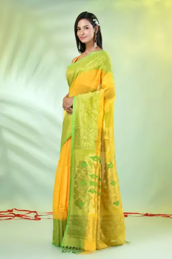 Yellow cotton saree with nakshi zari borders