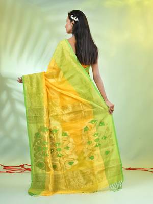 Yellow cotton saree with nakshi zari borders 3