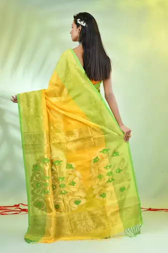 Yellow cotton saree with nakshi zari borders
