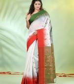 White cotton ikat saree with ganga jamuna border
