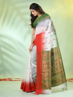 White cotton ikat saree with ganga jamuna border 2