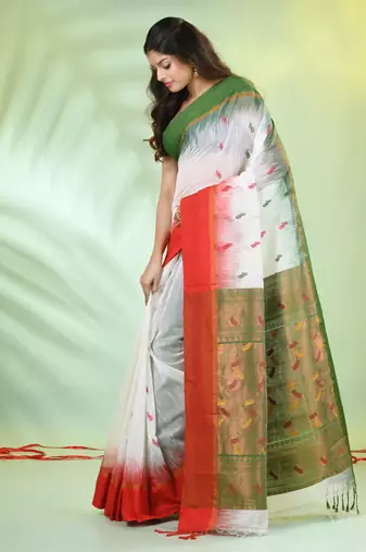 White cotton ikat saree with ganga jamuna border