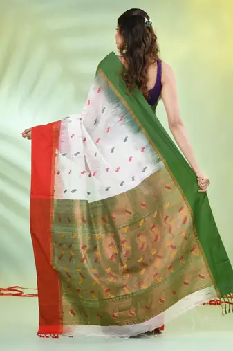 White cotton ikat saree with ganga jamuna border