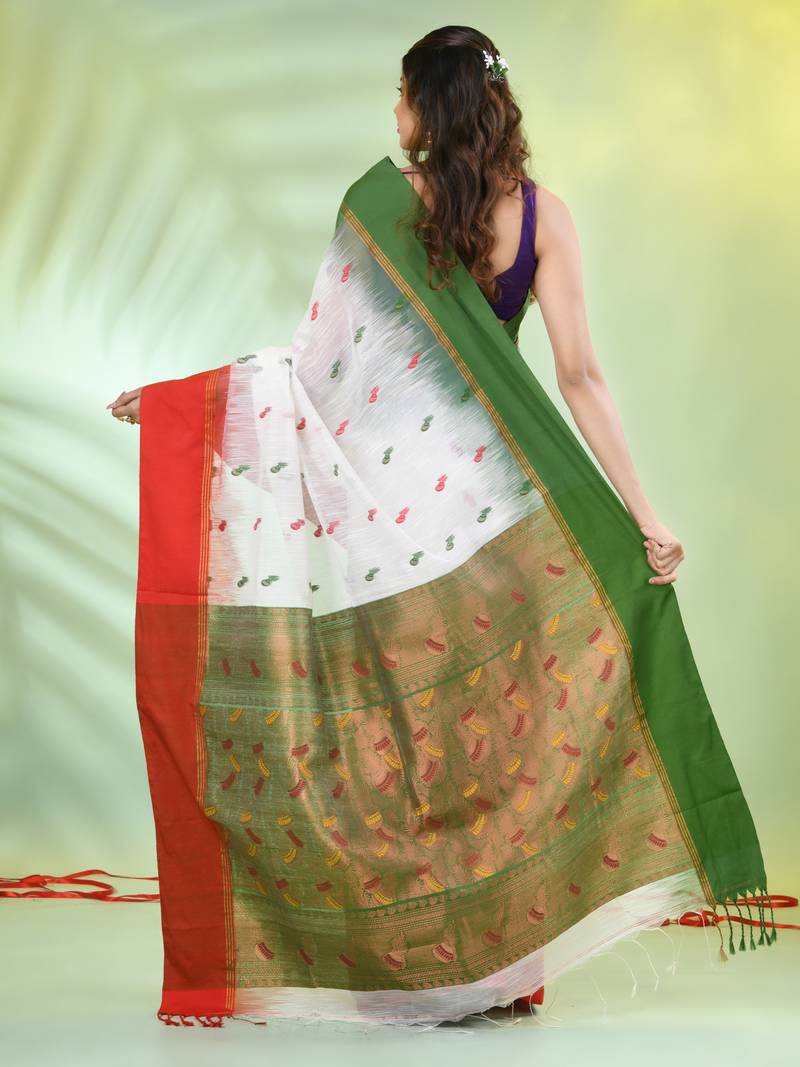 White cotton ikat saree with ganga jamuna border