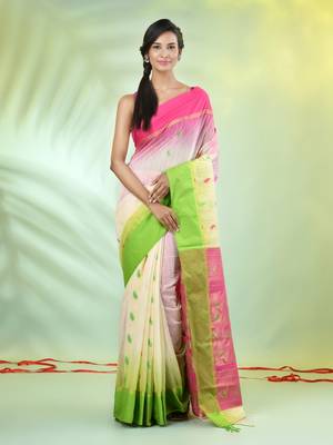 Off white cotton ikat saree with ganga jamuna border 1