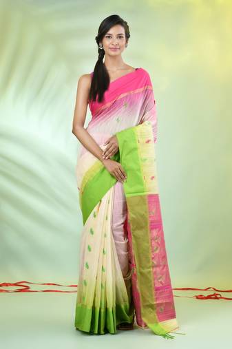 Off white cotton ikat saree with ganga jamuna border